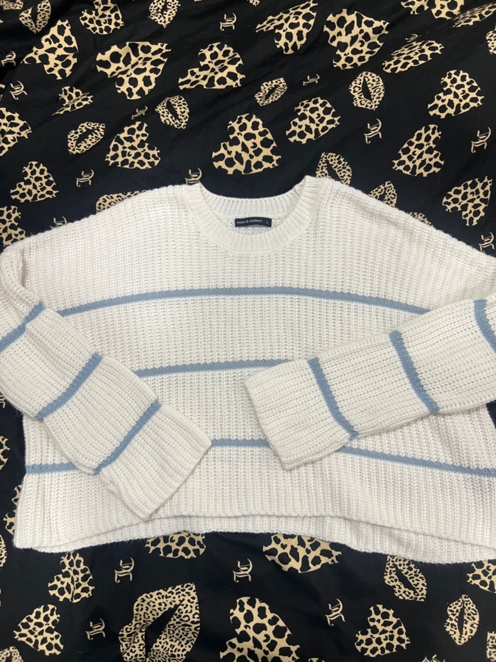 Moon and Madison Cropped White Ribbed Sweater with Light Blue Stripes
